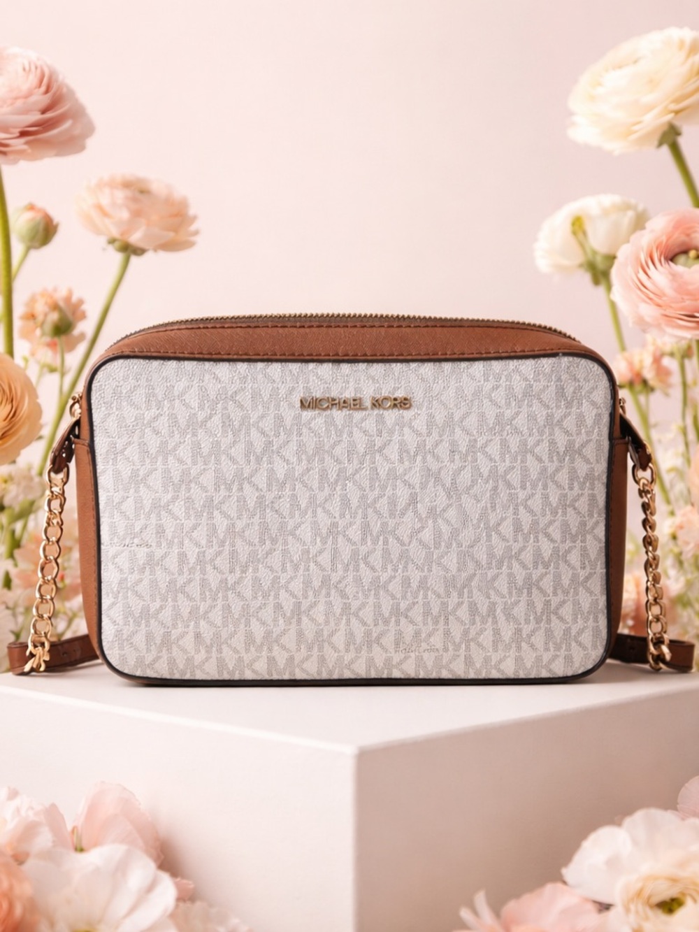 Michael Kors Signature Canvas Crossbody in Vanilla and Brown